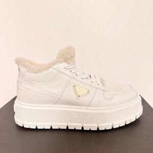 Prada White Shearling Leather Platform Sneakers EU 37